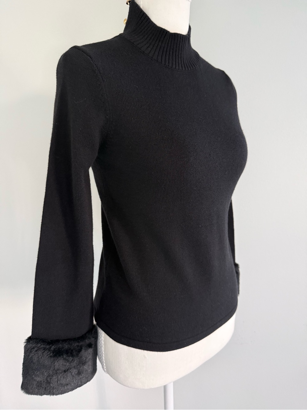 Janie and Jack Black Ribbed Mock Neck Sweater with Faux Fur Cuffs - Picture 2 of 8